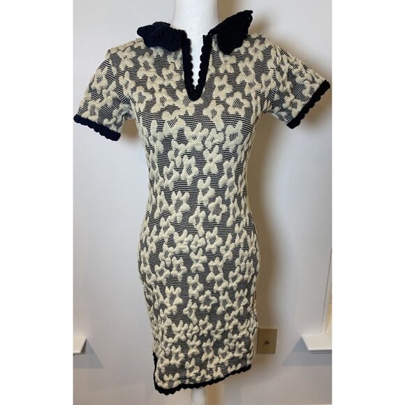 Tach Nana Jacquard Knit Dress Cream Black Floral Crochet Collar XS - Picture 1 of 5